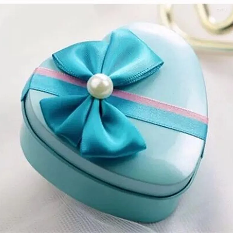 Gift Wrap 10pcs/Lot Cute Tinplate Heart Shape Wedding Candy Box med dekorativ Peal Knot Vacker BlueredPurplepink