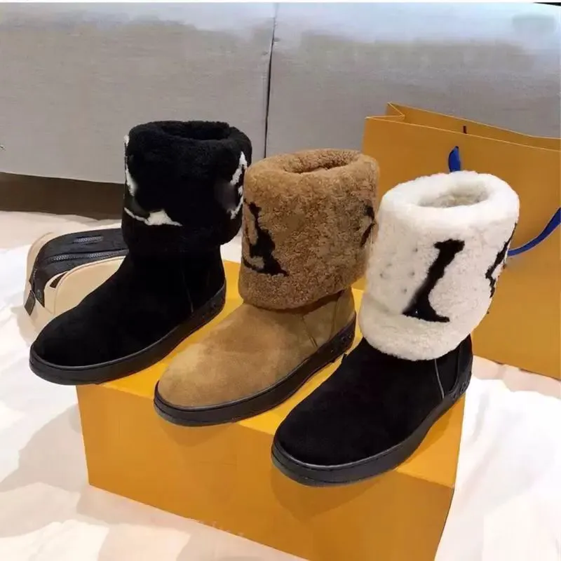 Lüks Tasarımcı markası clssicloo Kar Botları Günlük Kız Koyun Derisi Ayakkabı Yarım Bilek Çizme Deri Laureate Düz Yumuşak Kış Sıcak Kahverengi Siyah Peluş Sıcak Tutma Konfor