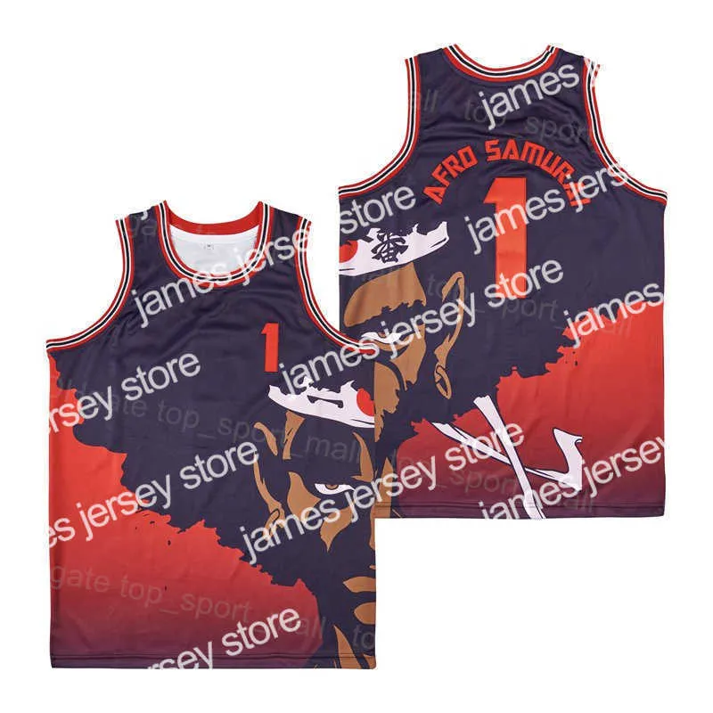 Le basket-ball collégial porte des hommes télé télévisé 1 afro samurai Jersey de basket-ball hiphop coloré de l'équipe de cousée rouge noir hop respirant pour les fans de sport pur coton hiphop