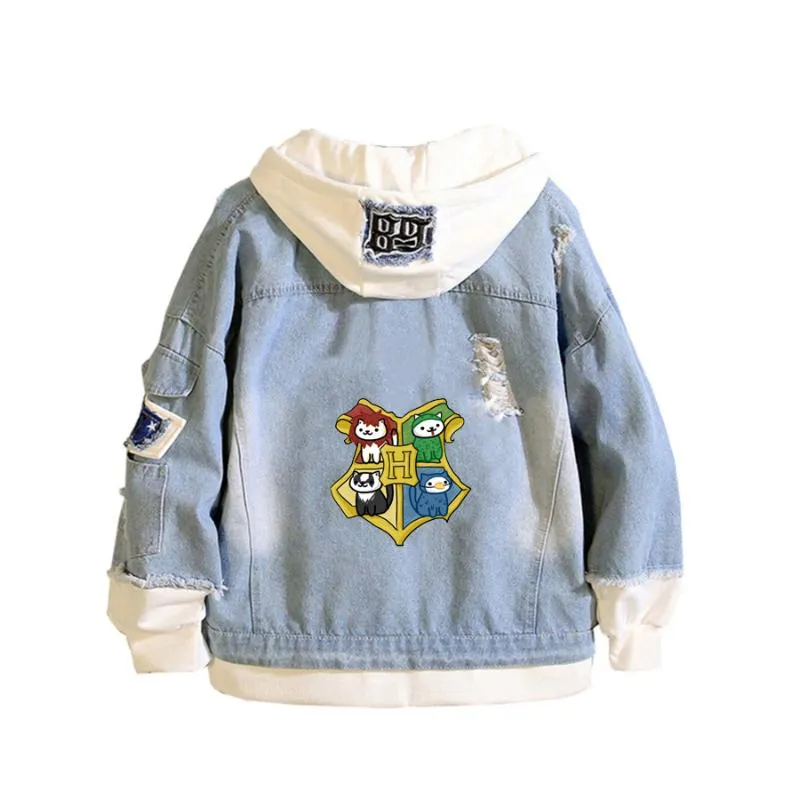 Mens Neko Atsume Denim Hoodie Casual Denim Cowboy Cosplay Jacket