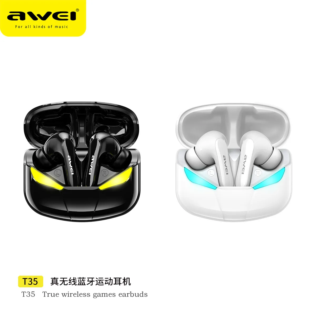 Awei T35 True Games Bluetooth-koptelefoon Draadloze headsets Sport Hifi-oordopjes met lage latentie 45 ms