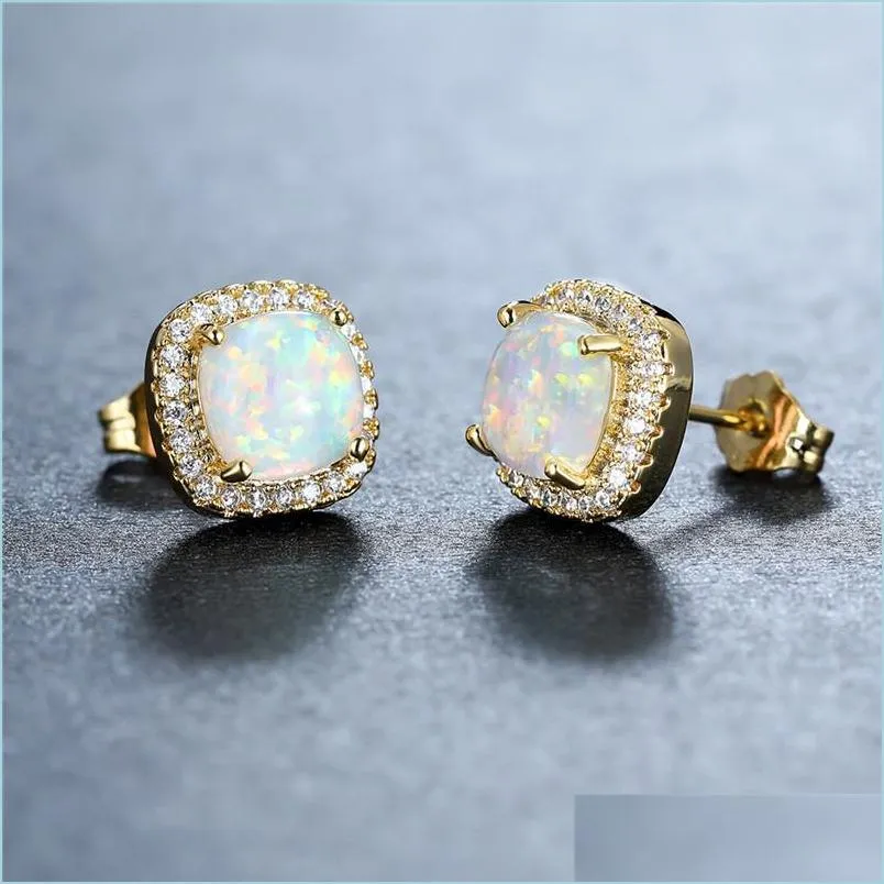 Stud Stud White Blue Green Opal Square oorbellen Luxe kristal kleine steenroosgoud sier kleur bruiloft voor vrouwen drop levering juweel dhkps