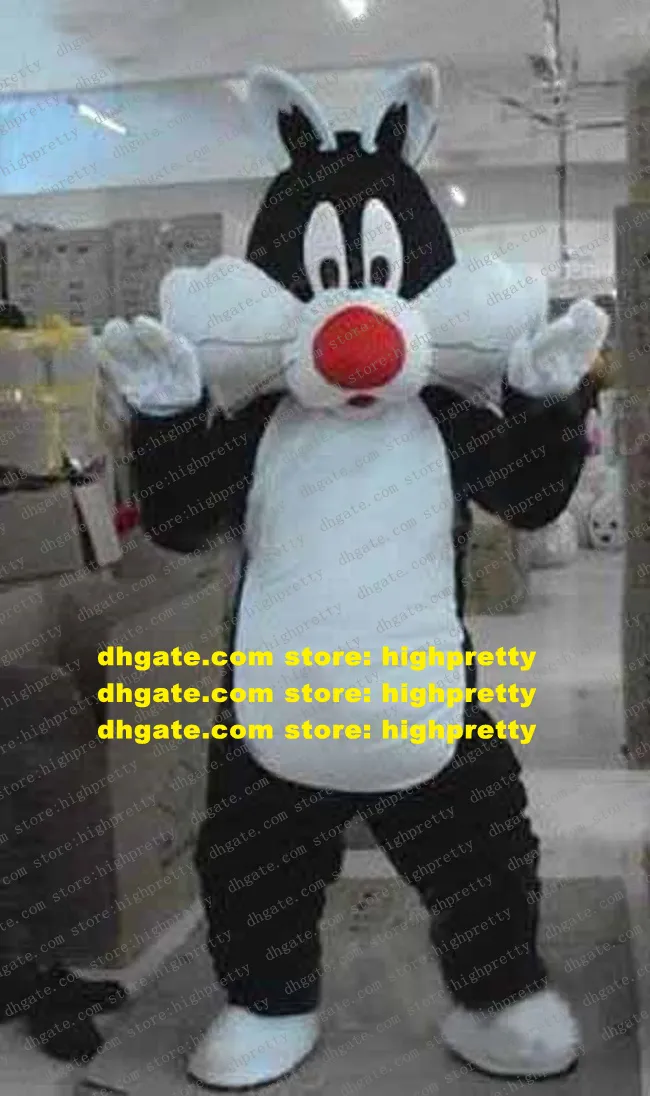 Vivid Black Sylvester Cat Mascot Costume Mascotte Moggie Kitten With Big Red Nose Small White Black Ears Adult No.816 Free Ship