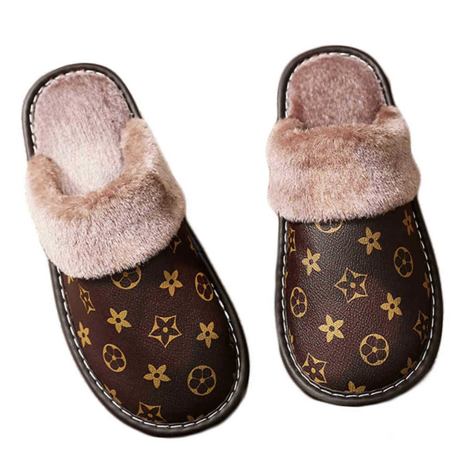 2023 OG Unisex Pu Leather Slippers Printed Plush Cotton Slipper Women Indoor House Shoes Flat Cozy Home Slippers Winter Warm Flip Flops H1115