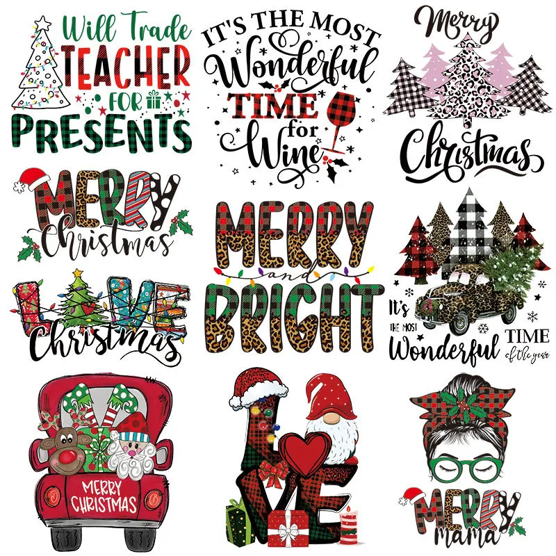 Noções grandes adesivos de transferência de calor de Natal Ferro em desenhos animados de desenhos animados Patches Decalques Apliques para camiseta Decorações de DIY