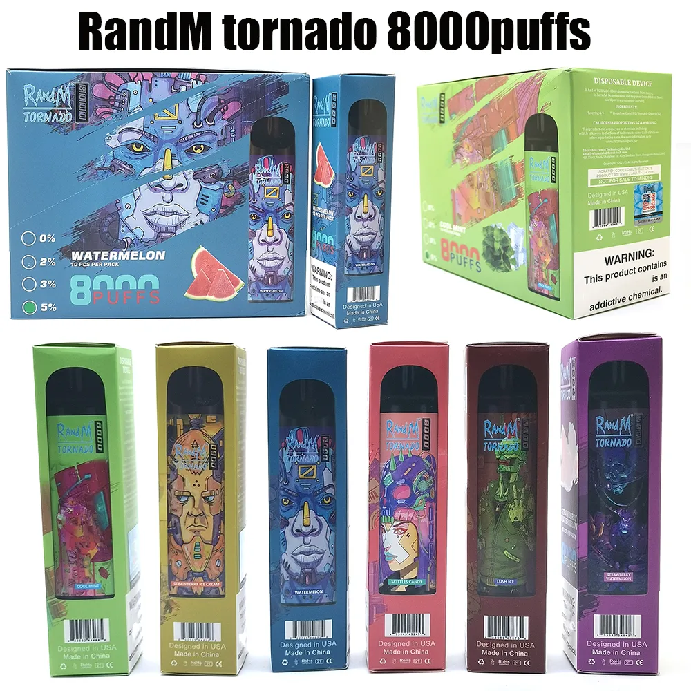 Randm Tornado 8000Puffs Одноразовые E Сигареты 16 мл POD 850MAH Батарея Тип C Перезаряжаемая сетчатая катушка 20 цветов Аутентично 0% 5%