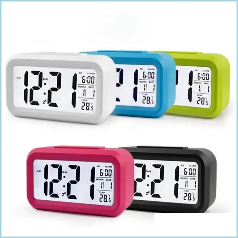 Bureau Horloges De Table En Plastique Réveil Muet Lcd Horloges Intelligentes Température Mignon Posensible Chevet Alarmes Numériques Sn Veilleuse Cale Dhxhu