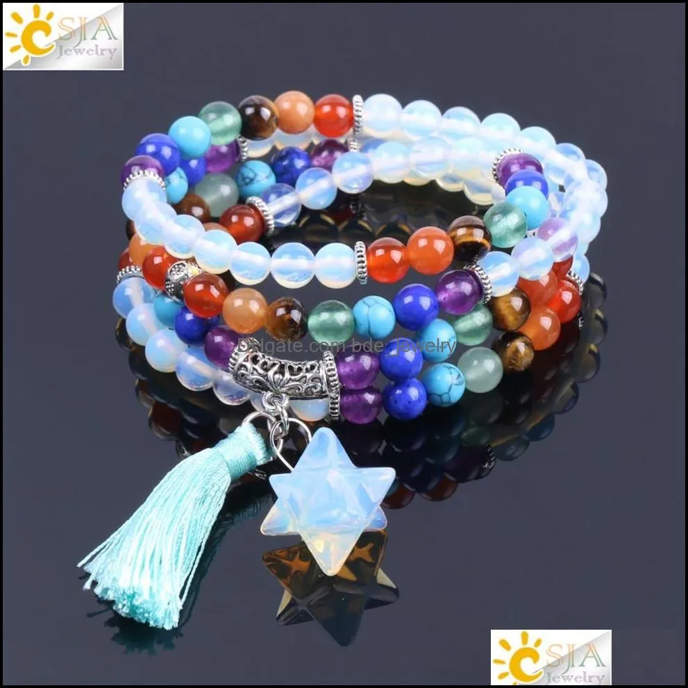 Frisado Reiki Mtilayer 7 Chakra 108 Mala Bead Pulseira Para Homens Mulheres Pingente Estrela Opal Arco-íris Meditação Cura Borla Pulseira Drop Dhc7W