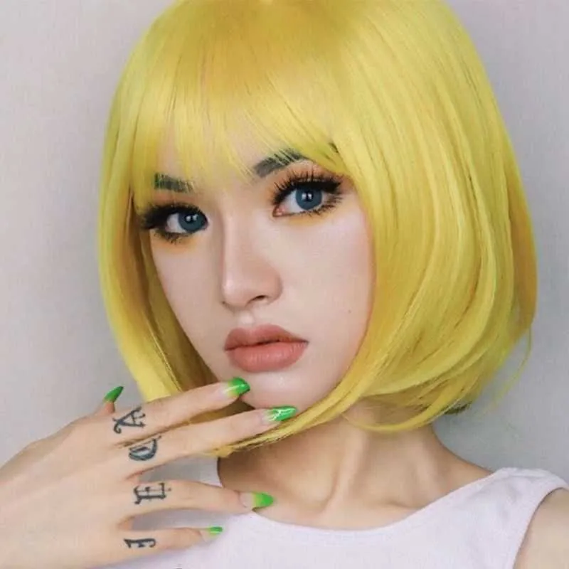 Hair Lace Wigs Color Female Qi Bangs Lemon Yellow Bobo Type Face Trimming Short Straight Hair Wig Head Cover