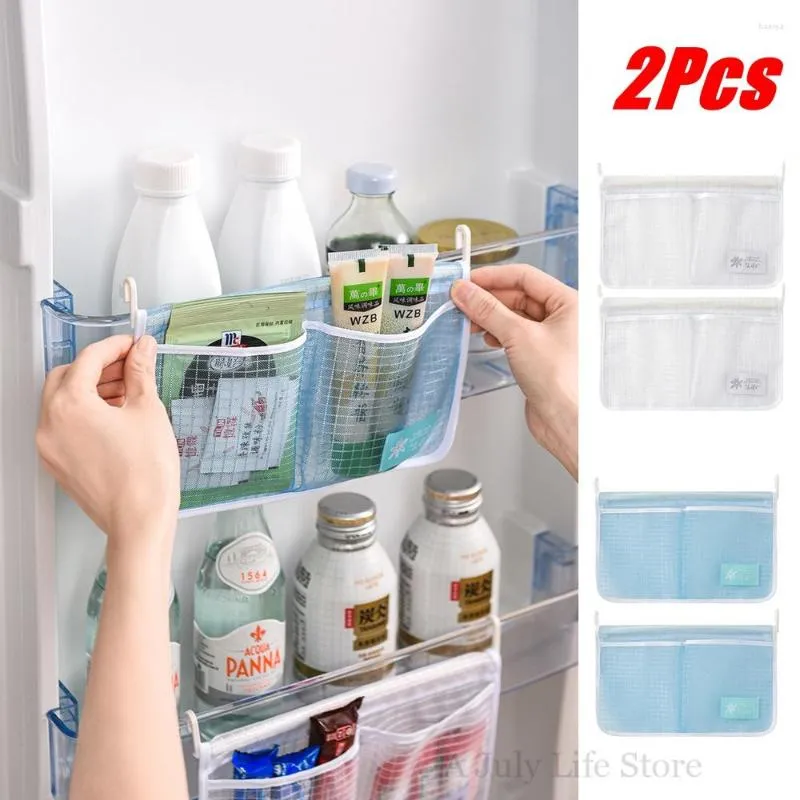 Storage Bags Fridge Organizer Refrigerator Mesh Bag Hanging Seasoning Food Ketchup Net Two Grids