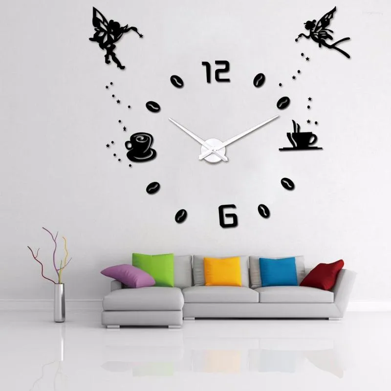 Wall Clocks 3D Large Clock Modern Design Big Silent Coffee Cup For Living Room Decor Self Adhesive DIY Angel Stickers