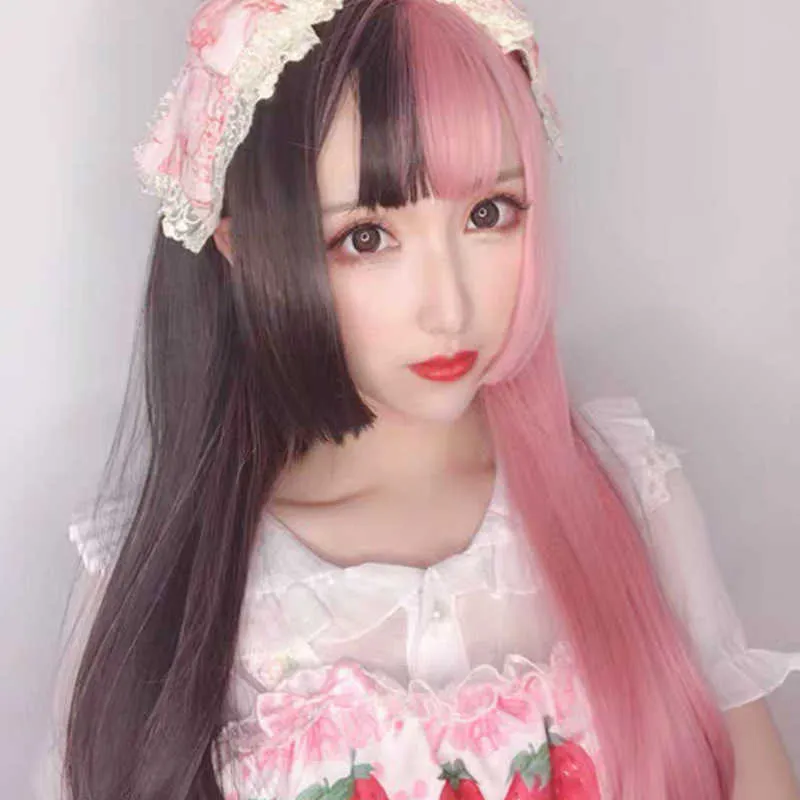 Hair Lace Wigs Yin Yang Color Wig feminino rosa preto Match Double Match Ji Penteado Príncipe Corte Longo Cabelo Longo Personalidade Bonita porque Fake