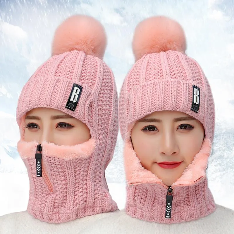 BeanieSkull Caps Women Wool Knitted Hat Ski Hat Sets for Female Windproof Winter Outdoor Knit Warm Thick Siamese Scarf Collar Warm Hat Girl Gift 221024