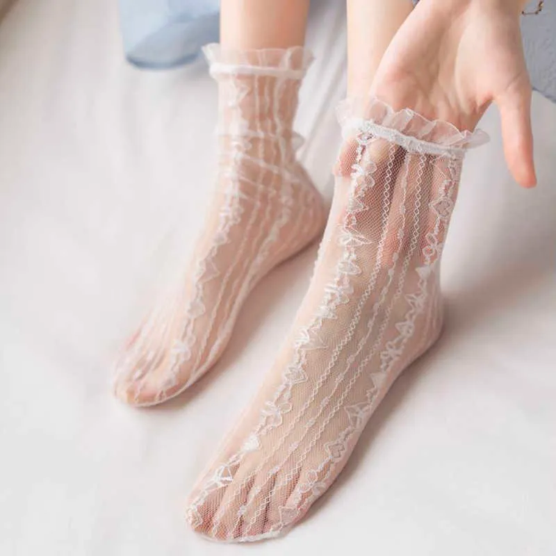 Socks Hosiery Summer Ultra Thin Socks Transparent White Lace Mesh Women Cool Sock With Crystal Lolita Cute Heart Ruffle Black Beige 2 Pair Lot T221102