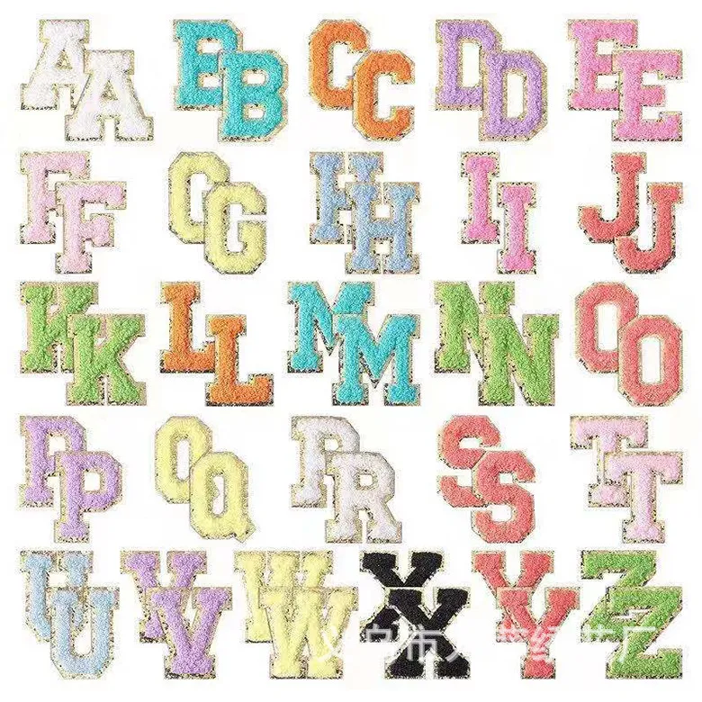 Noções 54pcs Letra Ferro no patch A a Z Patches de alfabeto costuram apliques com adesivo de reparo de glitter para roupas Hat Hat Diy Craft 5.5cm