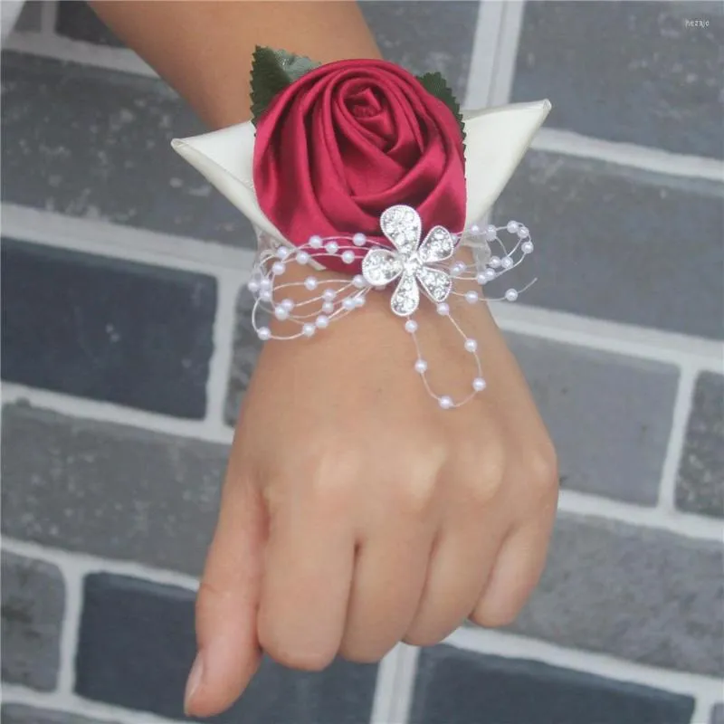 Decorative Flowers 6piece/lot Winered Wrist Corsages & Boutonniere Pearls Diamond Leaf Wedding Items Party Use With Elastic Band SW0677Y