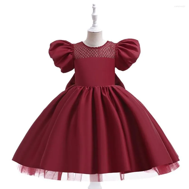 Girl Dresses Short SleevesFormal Evening Wedding Gown With Lace Princess Red Satin Flower Children Clothing Kids Party For Clothes 2022