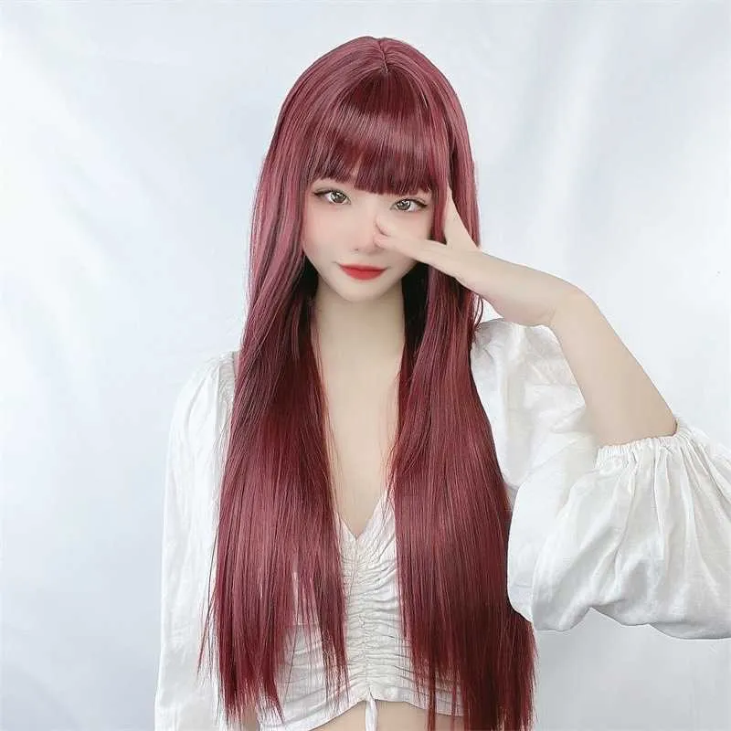 Hår spetsar peruk peruk kvinnlig vin netto rött hår temperament reparera ansikte koreansk version svart lång rak kemisk fiber huvudbonader