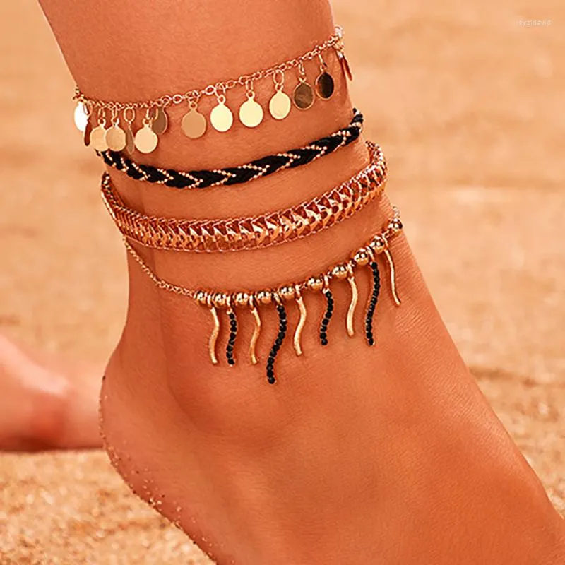 Anklets Zhini Beach Foot Jewelry Leg Chain for Women 4st/Set Böhmen paljetter Pendant Anklet Beclet Tobilleras Mujer
