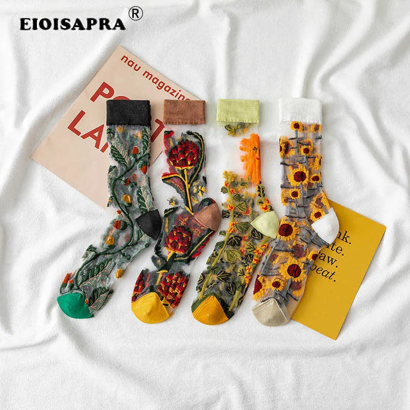 Strumpor hoSiery novelly harajuku ny produkt kristallsilkvatten strumpor roliga solrosor vinstockar blommor glada kvinnliga strumpor avslappnad SOX T221102 SOX T221102