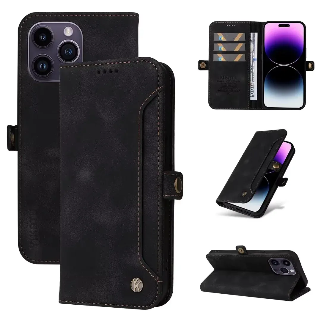 Plånbokstelefonfodral för iPhone 14 13 12 11 Pro X XR XS MAX 7 8 Plus Sidspänne Externt kort Solid Color Pu Leather Flip Kickstand Cover Case med kortplatser