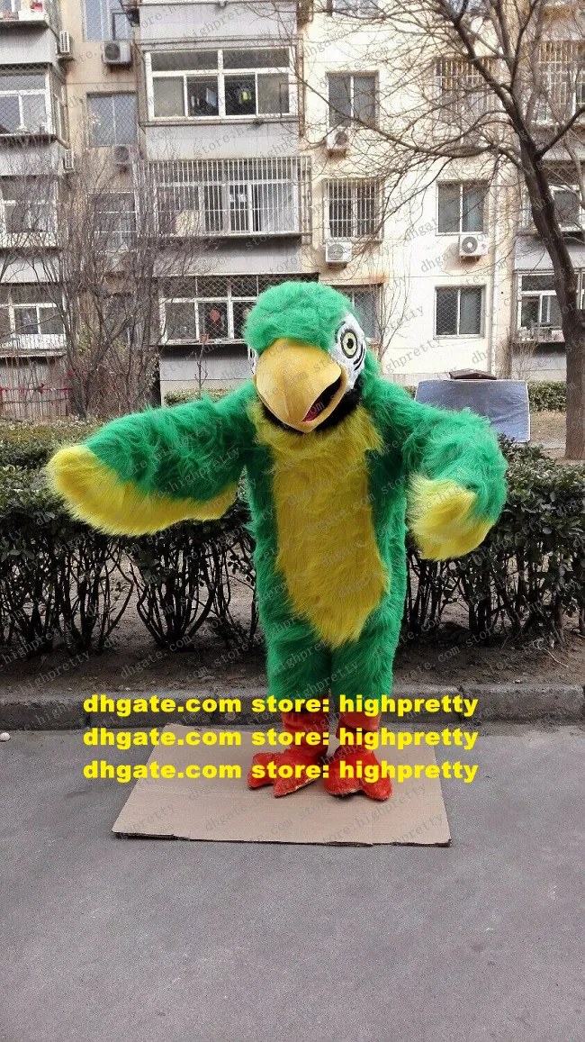 Costume de mascotte à fourrure longue jaune vert Parrot Parakeet Macaw Carton de dessin animé Carrise de personnage Promotion Hotel Pub ZZ7635