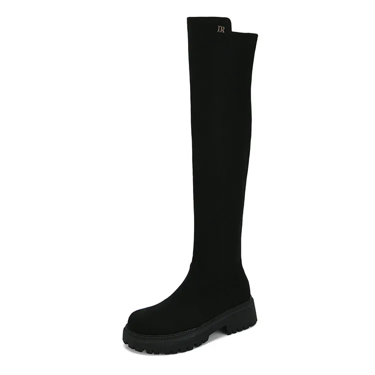 Kış Diz Yüksek Botları Kadın Tasarımcı Yuvarlak Ayak Parmağı Düşük Topuklu Ayakkabı Gerçek Deri Süet Deri Şeridi Düğün Moda Lüks Platform Lady Warorwar Ygn020-H60-9