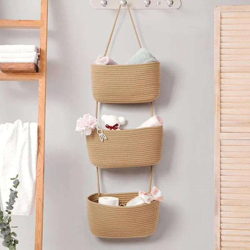 Boîtes de rangement Panier de suspension détachable avec 3 poches Organisateur de sacs muraux multicouches pour cuisine de salle de bain pour chambre à coucher