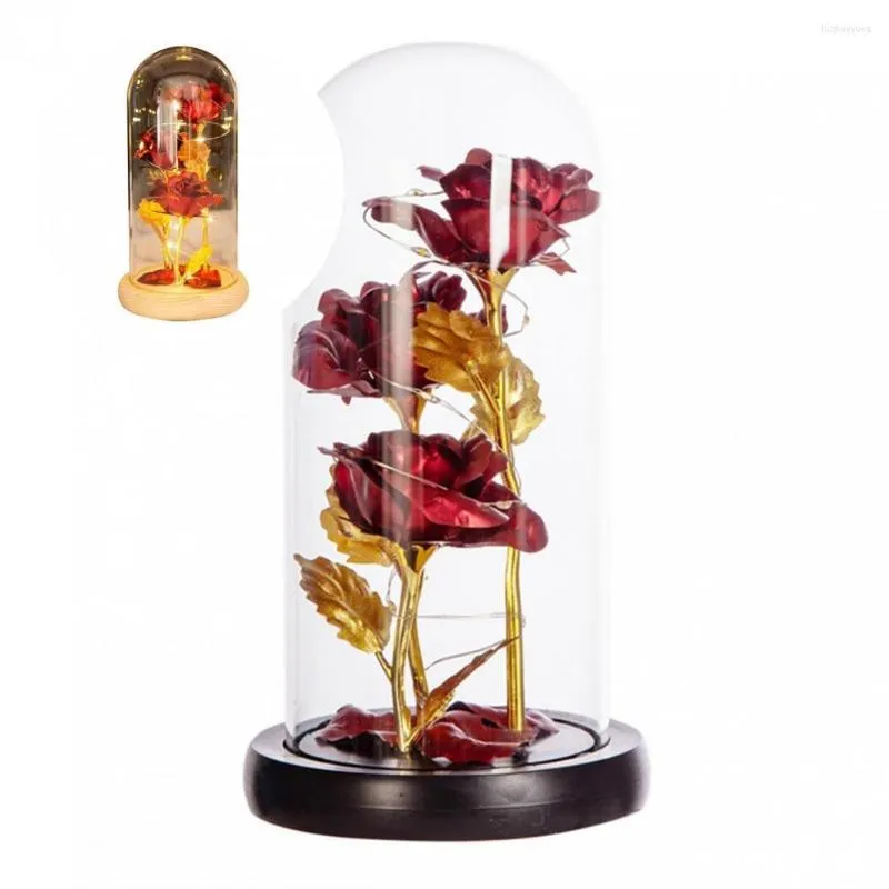 Flores decorativas Plástico Chique Rose Flower In Glass Dome com Fairy Light String Lightweight Galaxy Delicate for Anniversary