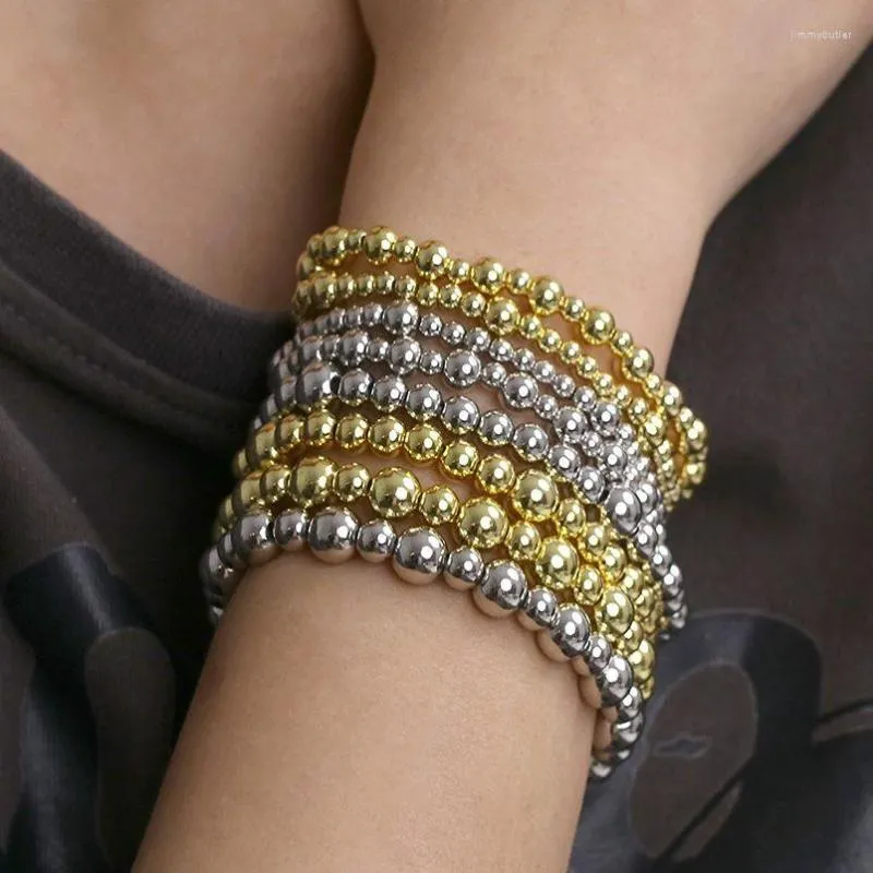 Strand 10st 4/6/8mm guldfärgpärlor armband för kvinnor trendiga uttalande runt pärlor handgjorda elastiska staplade armband dagliga smycken