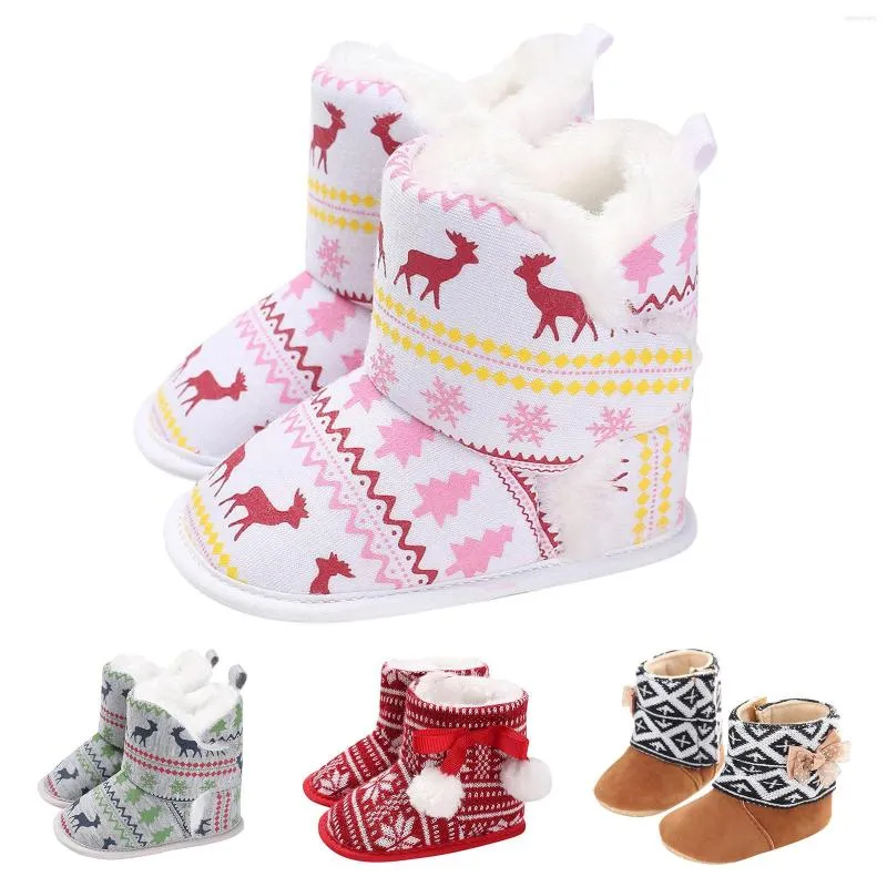 Bottes de noël pour bébé, imprimé flocon de neige, pour filles et garçons, bottines souples, semelles antidérapantes, chaussures chauffantes pour nourrissons, automne et hiver