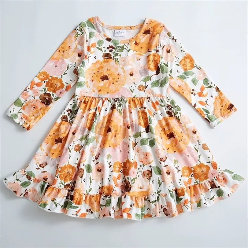 Girls Dresses Girlymax FallWinter Baby Chlidren Kids Clothing Milk Silk Floral Print Twirl Dress Knee Length Long Sleeve 221107