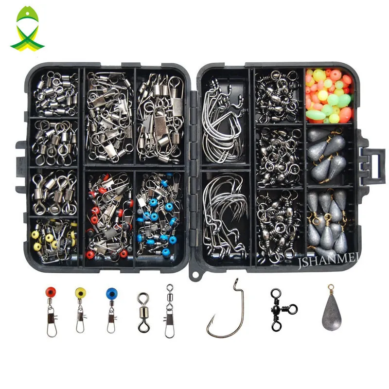 Accessoires de pêche JSM 160 pièces, Kit comprenant des hameçons de gabarit, des plombs, des émerillons, des boutons-pression avec boîte à matériel 221107