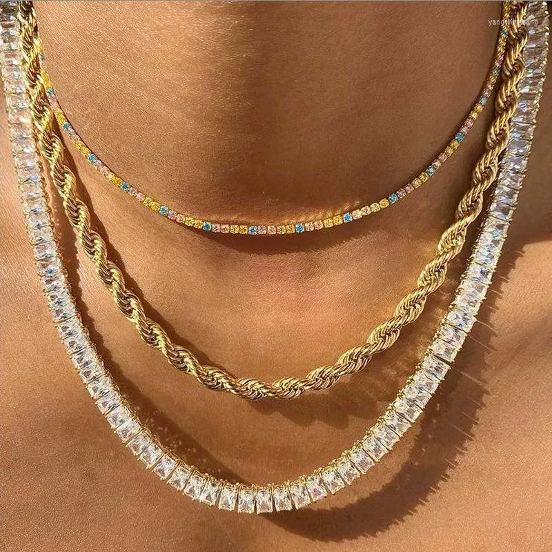 Choker Iced Out Bling Zircon 1 Row Tennis Chain Necklace 4 8MM Baguette Cubic Zirconia Women Men Hip Hop Jewelry