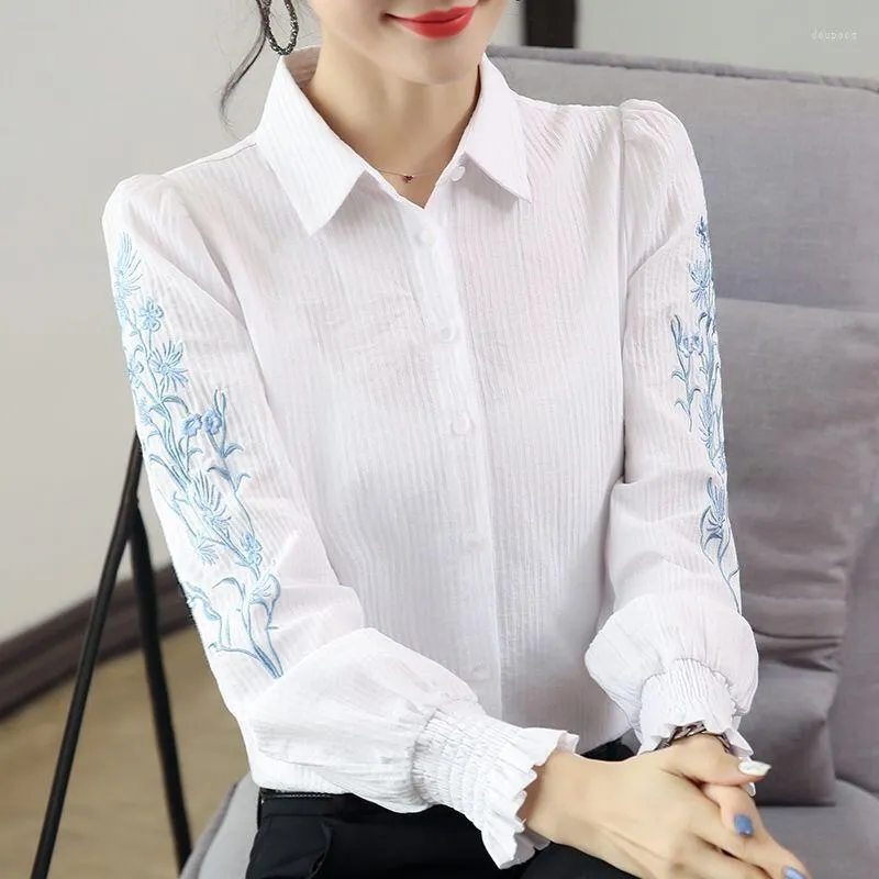 Women's Blouses 2023 Spring en herfst borduurwerk lange blouse dames mouw kunst losse dames kantoor werk tops knop naar beneden shirts l148