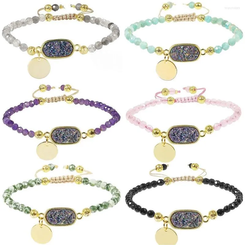 Strand SUNYIK 4mm Facettes Pierre Perles Bracelet Ovale Titane Enduit Quartz Druzy Cristal Bracelet Réglable 6 "-7.8"