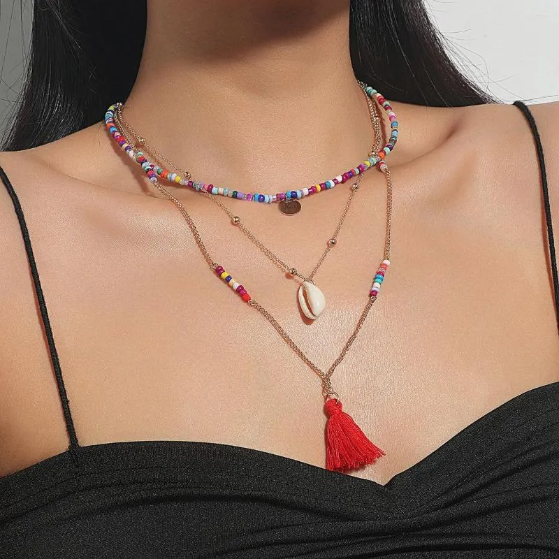 Collier ras du cou bohème rouge gland pendentif collier Vintage multicouche coloré perle coquille pour les femmes élégant fête bijoux