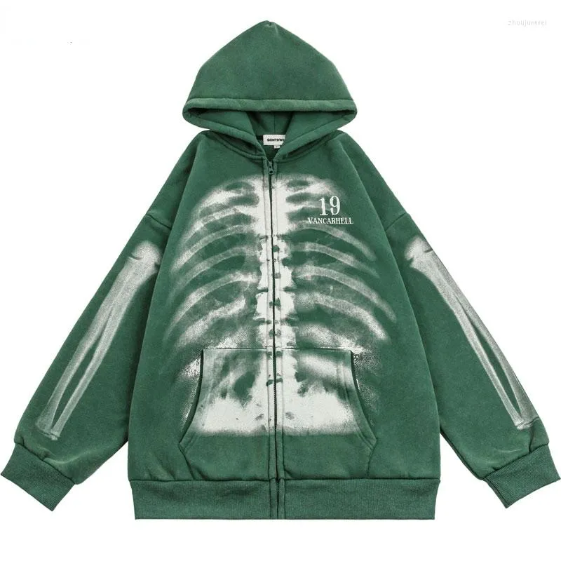 Sudaderas con capucha para hombre Hip Hop Vintage Sudadera con capucha Y2K Grunge Streetwear Skull Skeleton Print Fleece Hoodie Harajuku Punk Gothic Zipper Chaquetas