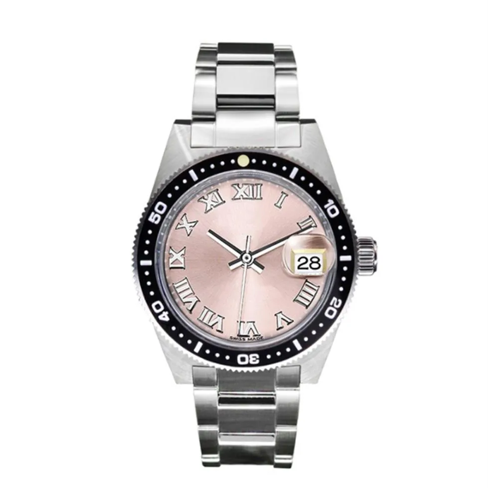 Klassieke 28 mm roze dameshorloges Automatische mechanische roestvrijstalen riemmode dames kijken Romeinse cijfer klokcadeau215L