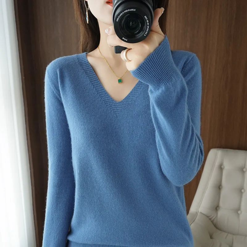 캐시미어 스웨터 여자 가을 겨울 새로운 니트 스웨터 v- 넥 풀오스 패션 한국 긴 소매 따뜻한 느슨한 탑