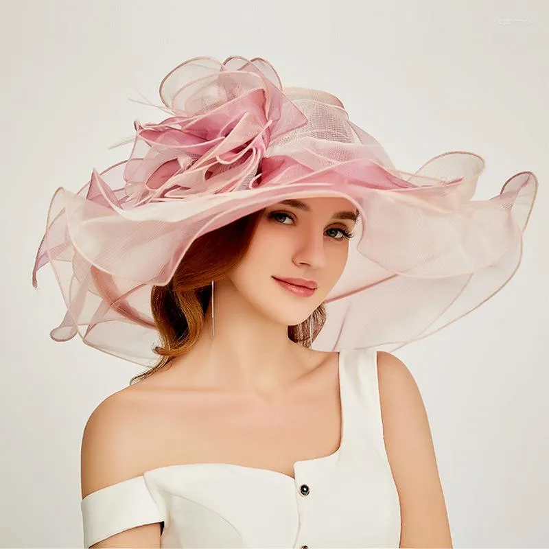 Headpieces Pink Kentucky Derby Church Bridal Hats for Women Organza Sun Flowers Elegant Summer Stor breda Brim Ladies Wedding Hat 2022