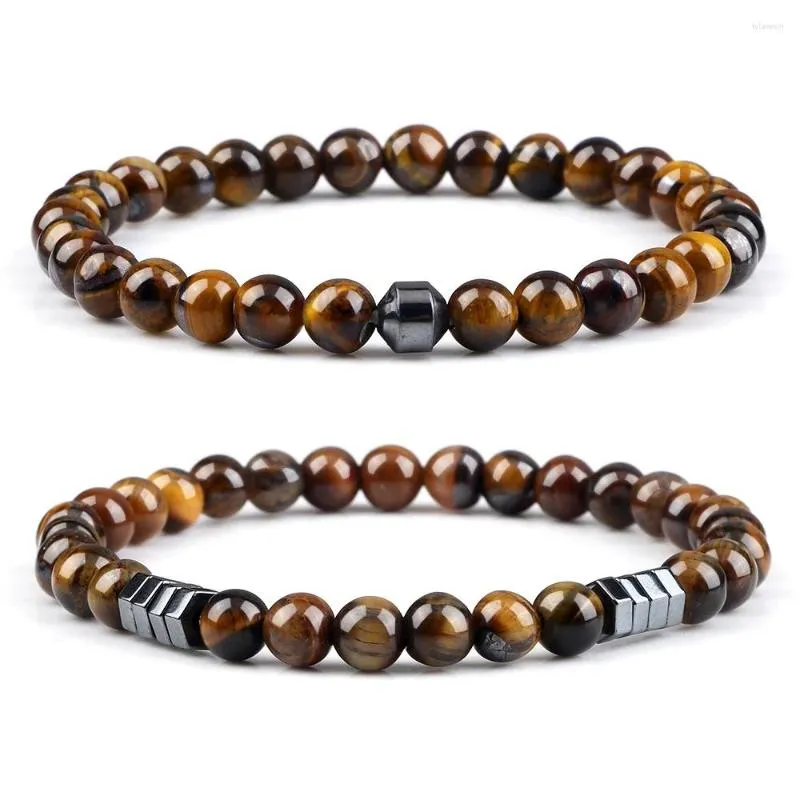 Strand 6mm Natural Tiger Eye Beaded Stretch Bracelets Trendy Men Black Lava Onyx Hematite Cylinder Women Yoga Fitness Jewelry