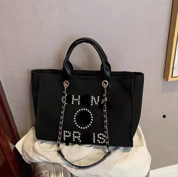 bHigh-end New Canvas Large Capacity Tote Women Shoulder Bag Cloth Shopper Bags Literary Fan Letter Pearl Big Shopping Bags2944