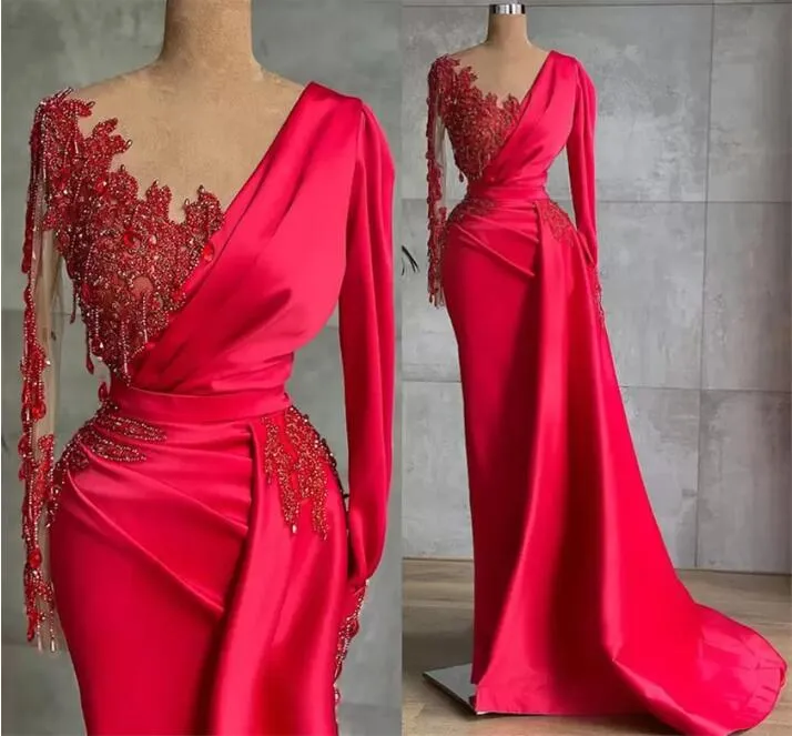 Arabische Aso Ebi Rote luxuriöse Abendkleider in Übergröße, Spitze, Perlen, lange Ärmel, Kristalle, Abendkleider für den zweiten Empfang