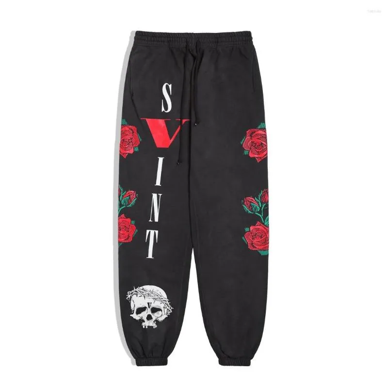 Men's Pants Men Retro Distressed Skull Rose Prints Sweatpants