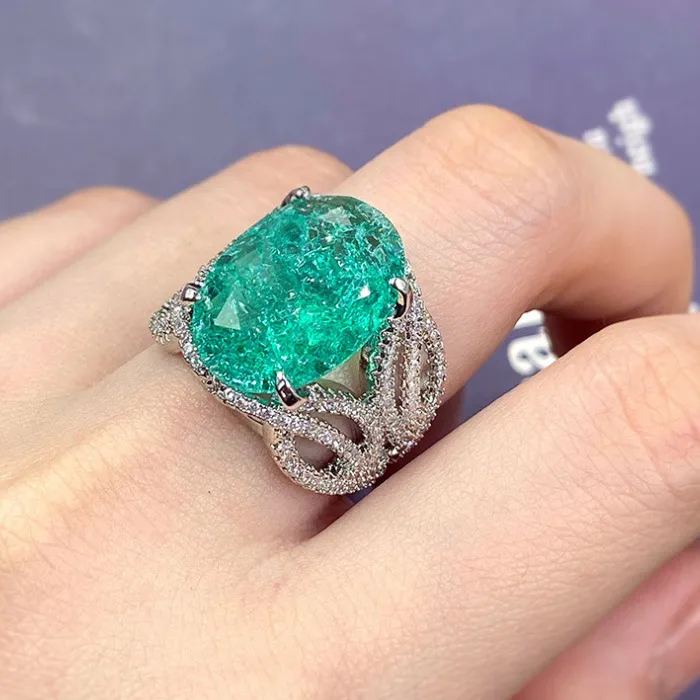 خاتم مويسانيتي باللون الأزرق والأخضر الرائع عيار 925 من الفضة الإسترليني المتلألئة خاتم مفتوح فاخر للسيدات هدية مجوهرات لأعياد الميلاد