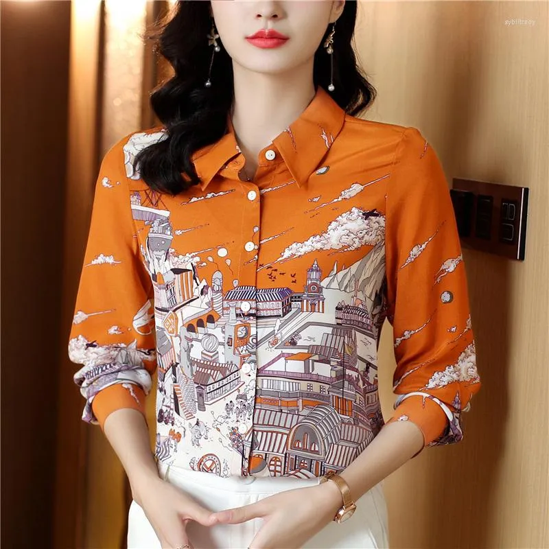 Women's Blouses High-end Especially Beautiful All Season Orange Mulberry Silk Hand-Painted Building Print Women OL Workwear Top Shirt Blouse