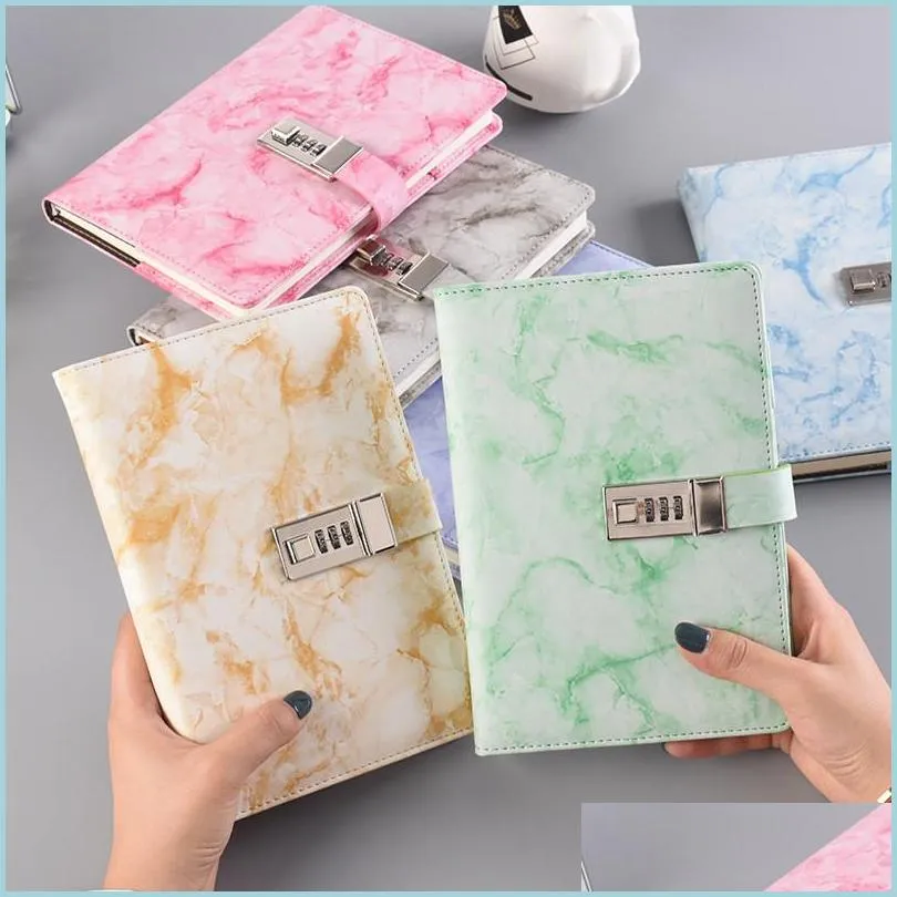 Notepads A5 Marble Texture Notebook With Password Lock Leather Notepad Agenda Diary Planner School Stationery Gift Drop Delivery Off Dhiqw