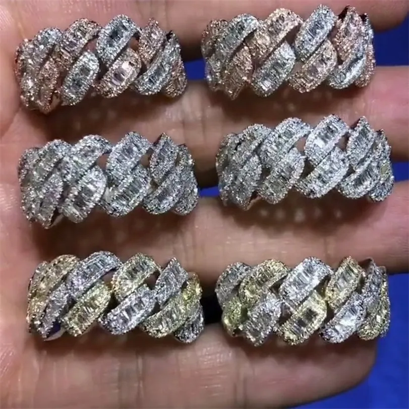 Zespół pierścionki Iced Out Bling mężczyźni biżuteria na palce pełny betonowy prostokąt cyrkonia 5A CZ kubański Link Chain pierścionek zaręczynowy 221107