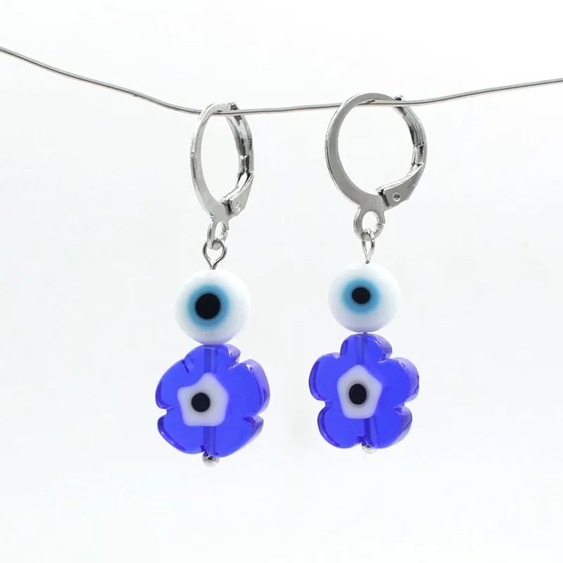 Gros Hoop Oreille avec Murano Verre Rond Fleur Bleu Mauvais Yeux Boucles D'oreilles pour les Femmes Fête D'anniversaire Cadeau Chanceux Bijoux